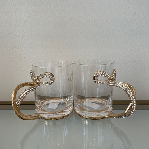 Gold & Rhinestone BOW Handle Glass Mug Coffee Tea Cup Set of 2 Glam Kitchen New - Picture 1 of 16